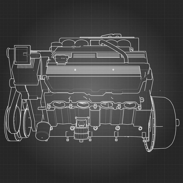 Потужний двигун V8. Двигун намальований білими лініями на чорному аркуші в клітці
 - Вектор, зображення
