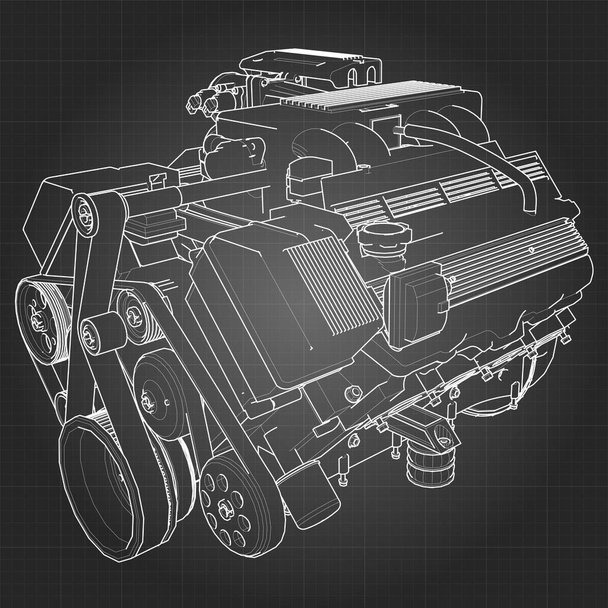Мощный двигатель V8. Двигатель нарисован белыми линиями на черном листе в клетке
 - Вектор,изображение