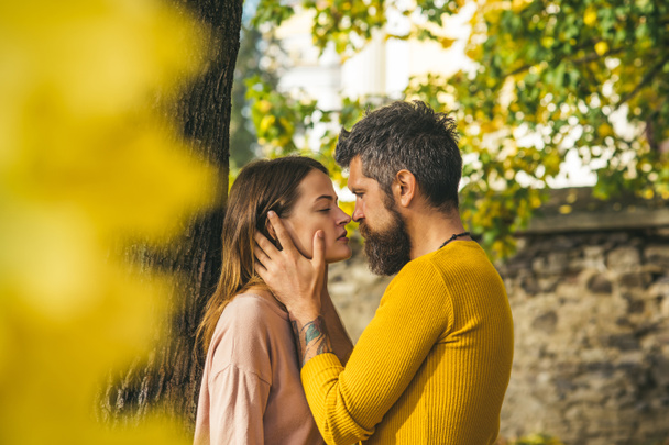 φύλλα φθινοπώρου ευτυχισμένο ζευγάρι στην αγάπη με κίτρινο δέντρο - Φωτογραφία, εικόνα