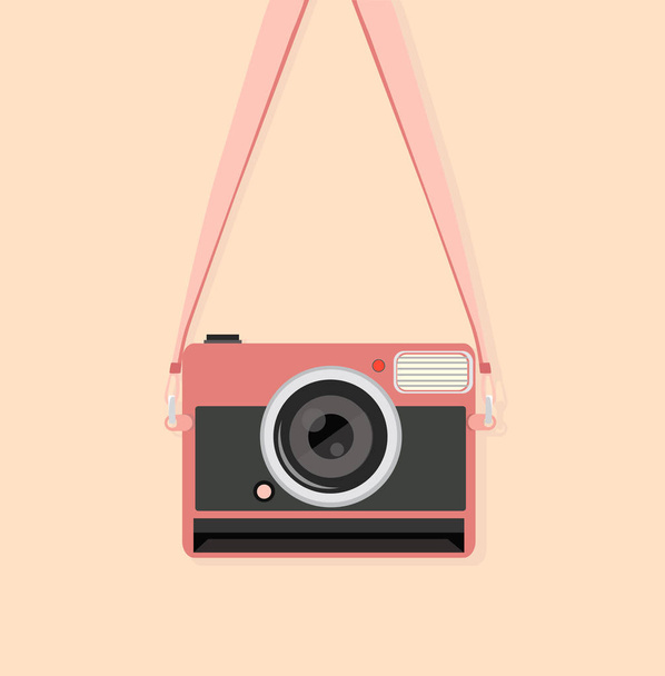 Vintage camera with strap - Διάνυσμα, εικόνα