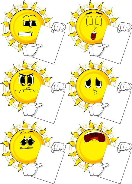 Cartoon soleil tenant papier blanc et pointant vers elle
. - Vecteur, image