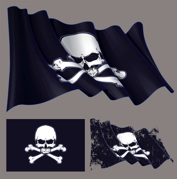 Zwaaien piraat vlag kaakloze schedel en botten - Vector, afbeelding