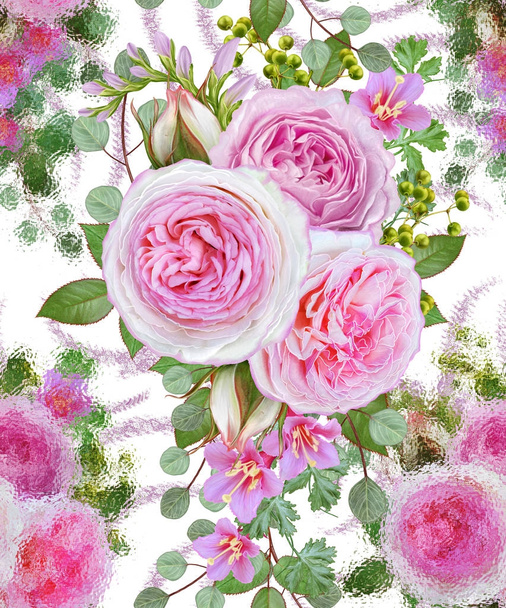 Floral seamless pattern. Flower arrangement, bouquet of delicate beautiful pink roses, green berries, leaves. - 写真・画像