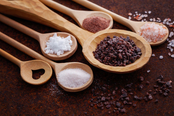 various salt in wooden spoons - Photo, Image