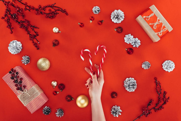 mano con bastones de caramelo en Navidad
 - Foto, Imagen