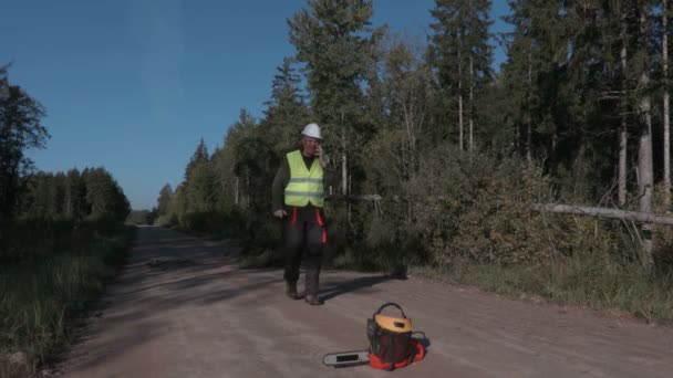 Bosbouw werknemer praten aan de telefoon in de buurt van gevallen spar - Video
