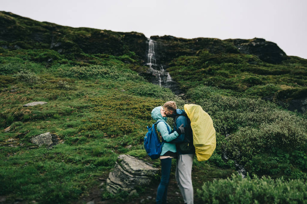 happy couple  hikers on mountain - Foto, imagen