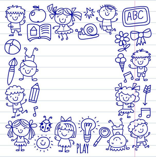 Niños dibujando Kindergarten School Niños felices jugando Ilustración para niños Guardería Infantil Niños icono - Vector, imagen