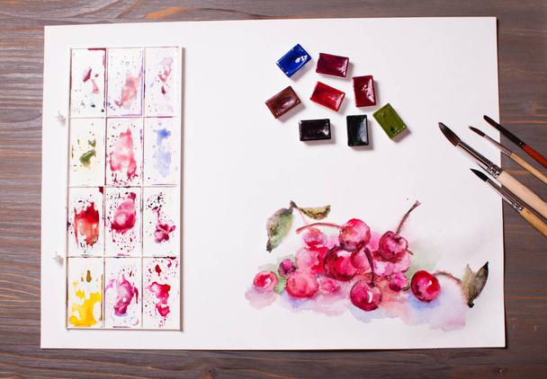 Watercolor painting cherries - Φωτογραφία, εικόνα
