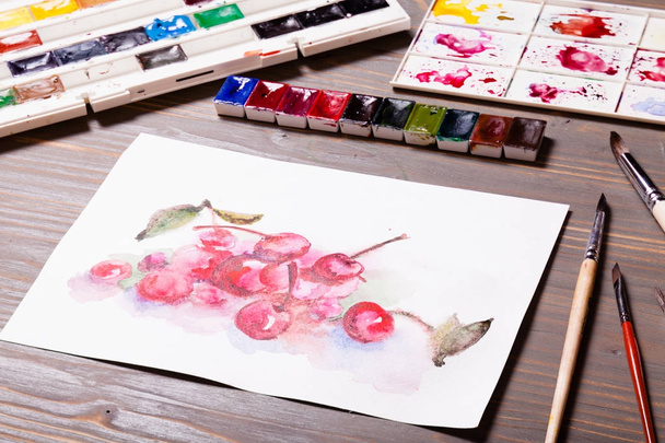 Watercolor painting cherries - Foto, Imagem