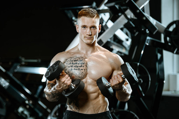 Handsome model young man training arms in gym - 写真・画像
