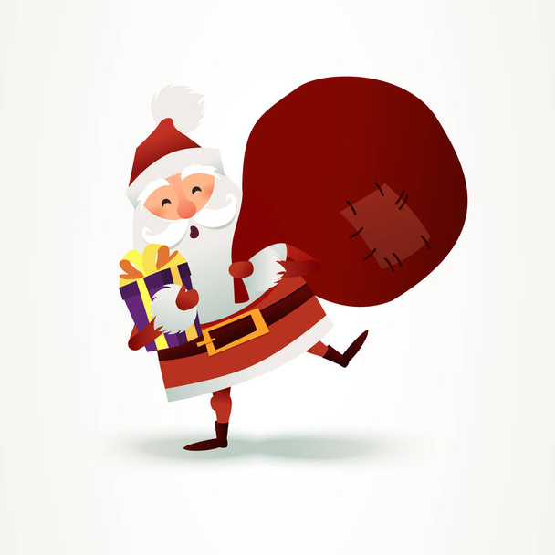 ギフトとプレゼント ボックスの完全な袋でサンタ クロース。ハッピー クリスマス父の漫画のキャラクター。休日のデザインでかわいい X-mas の文字です。招待状、お祝いの新年のグリーティング カード。フラット - ベクター画像