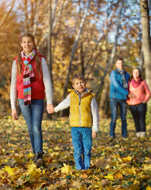 Happy family walking in autumn park - Zdjęcie, obraz