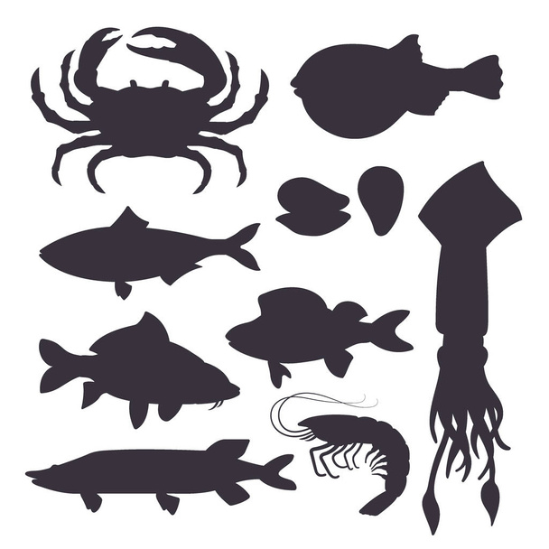 Zeevruchten set zwart silhouet met krab, vis, mosselen en garnalen geïsoleerd op een witte achtergrond. Ontwerp voor restaurant menu, markt. Zeedieren in vlakke stijl - vectorillustratie - Vector, afbeelding