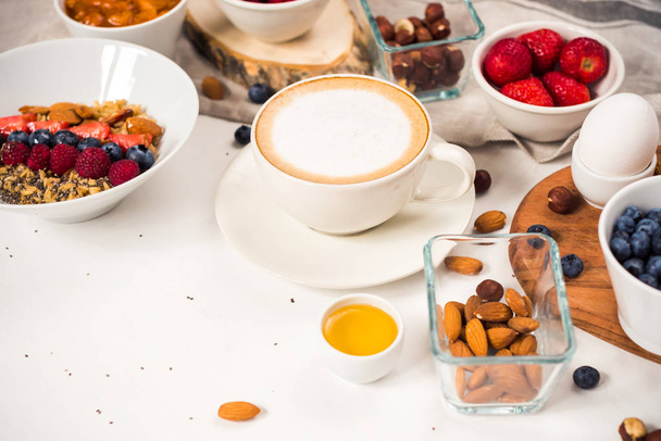 morning coffee breakfast, Cappuccino on white background. Good morning - healthy breakfast background - Zdjęcie, obraz