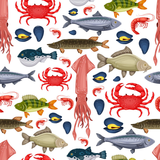 Seamless pattern seafood set with crab, fish, mussel and shrimp isolated on white background. Design for restaurant menu, market. Marine creatures in flat style - vector illustration - Vetor, Imagem