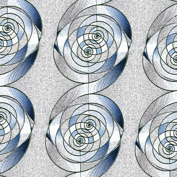 Regelmatige spiralen patroon zilver grijs wit donkerblauw met zwarte lijnen verticaal - Foto, afbeelding