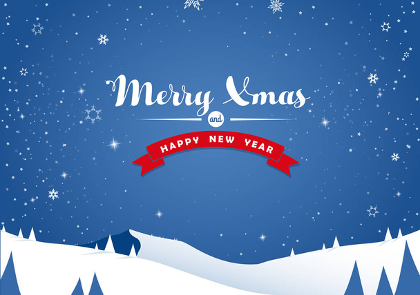 Paysage de montagne d'hiver et texte joyeux de Noël avec pin
  - Vecteur, image