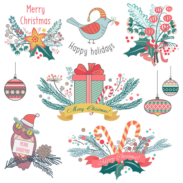 Vector illustration of different gifts, presents, animals and winter decorations emblems for Christmas. - Vector, Image