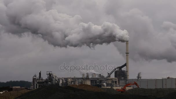 Atmosferische luchtverontreiniging door emissies van industriële rook nu. Pijp staalbedrijf. Dikke rook en stoom voor de productie van Mdf. Werken in het najaar bewolkte dag. - Video