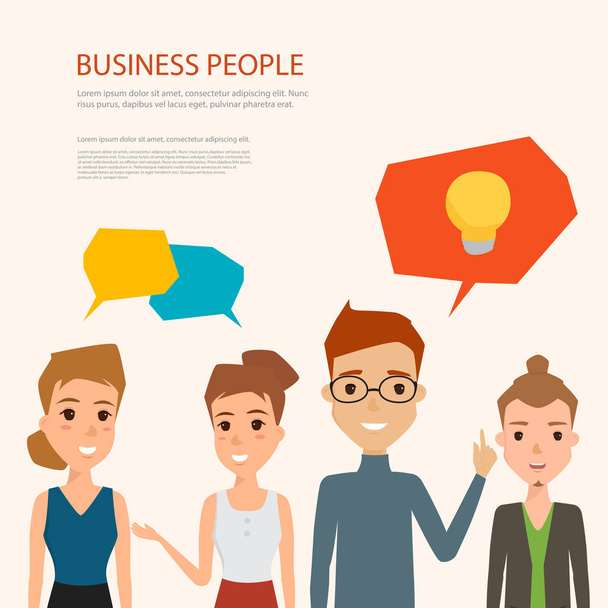 Group of creative people talking to ideas. Flat design vector of business people teamwork. - Διάνυσμα, εικόνα