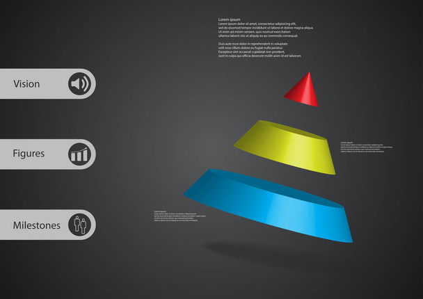 3D Illustration Infografik Vorlage mit Kegel in drei Teile schräg angeordnet - Vektor, Bild