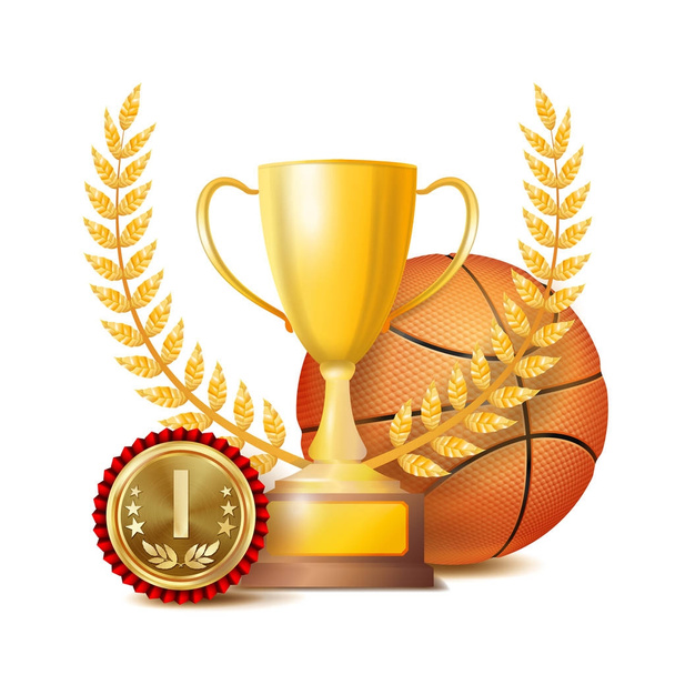 Basketbol Ödülü vektör. Spor afiş arka plan. Turuncu topu, altın kazanan kupa bardak, altın 1. sıra madalya. 3D gerçekçi izole illüstrasyon - Vektör, Görsel