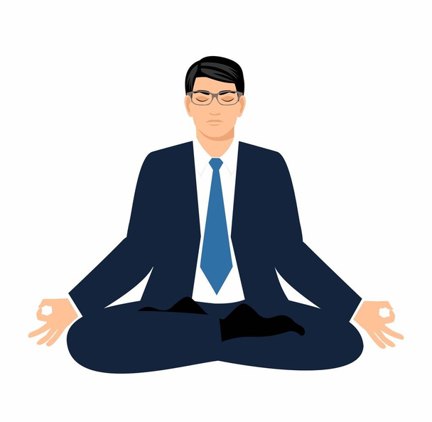 vetor ilustração empresário em um terno senta-se em uma posição de lótus e meditar Isolado no fundo branco
 - Vetor, Imagem
