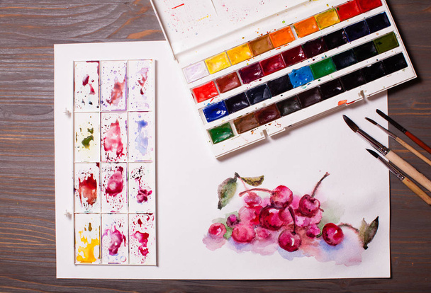Watercolor painting cherries - 写真・画像