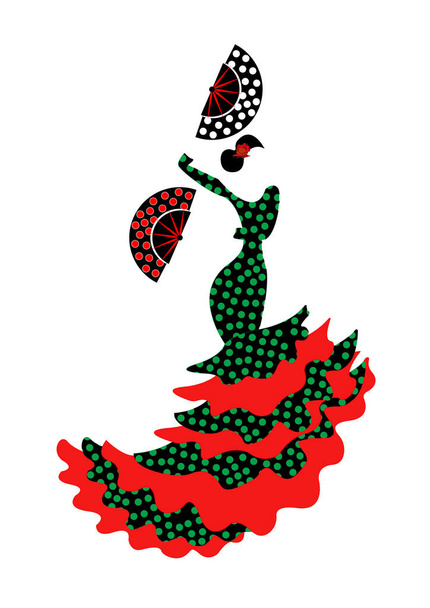 Фламенко, танцівниця, силует красиві іспанської жінки в довгій сукні з вентилятором, вектор, ізольовані  - Вектор, зображення