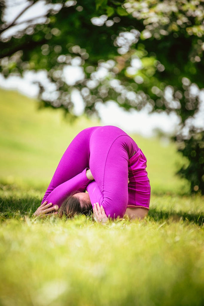 Ragazza nel parco fa esercizio di yoga
 - Foto, immagini