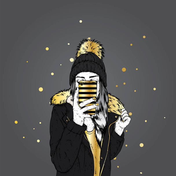 A girl in a stylish down jacket and a beautiful hat with a fluffy bubo. A woman is holding a smartphone and making selfies. Vector illustration. Clothing and accessories, fashion and style. - Vector, afbeelding