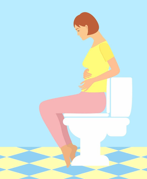 A pregnant woman rushing to toilet to pee. Weak bladder and constipation  during pregnancy. Stock Photo