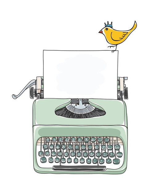 Přenosné retro psací stroj s papírem a žlutý pták ruční kreslení - Vektor, obrázek