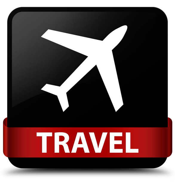 Travel (plane icon) black square button red ribbon in middle - Photo, Image