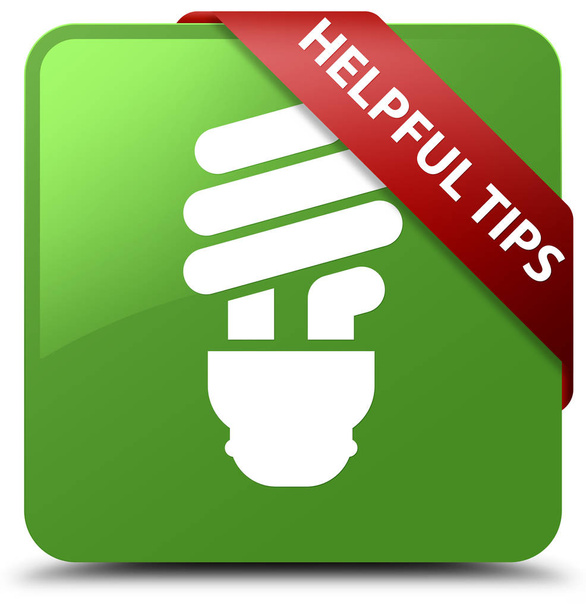 Χρήσιμες συμβουλές (εικονίδιο λάμπας) μαλακό πράσινο τετράγωνο κουμπί κόκκινη κορδέλα στο  - Φωτογραφία, εικόνα