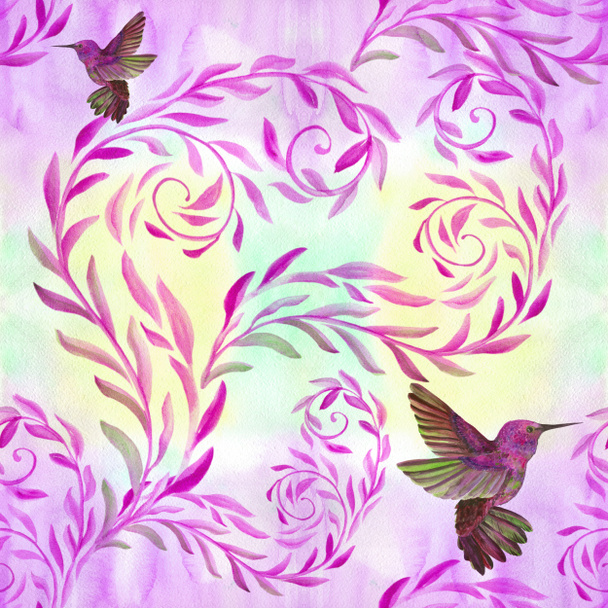 Ptaki i kwiaty - dekoracyjnych kompozycji na tle akwarela. Jednolity wzór. Kolibry.  - Zdjęcie, obraz