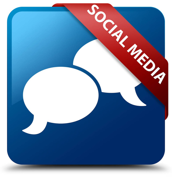Μέσα κοινωνικής δικτύωσης (chat εικονίδιο φυσαλίδας) μπλε τετράγωνο κουμπί κόκκινη κορδέλα στο - Φωτογραφία, εικόνα