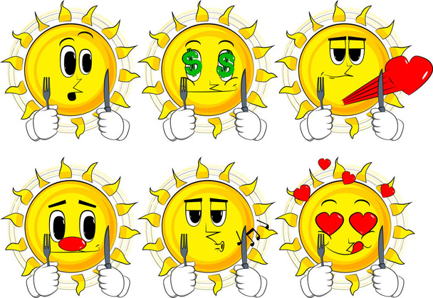 Cartoon sun holding up a knife and fork. - Vector, Image
