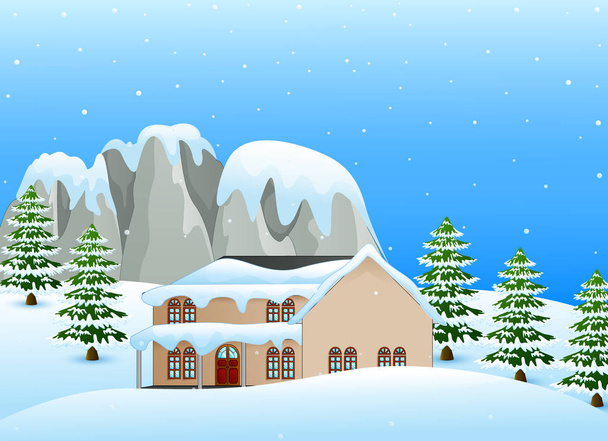 Téli táj havas-ház és a hóval borított sziklák - Vektor, kép
