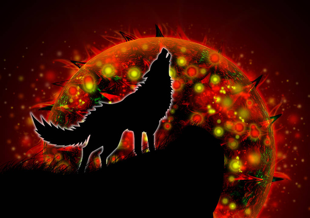 Vollmond rot und Wolf - Foto, Bild