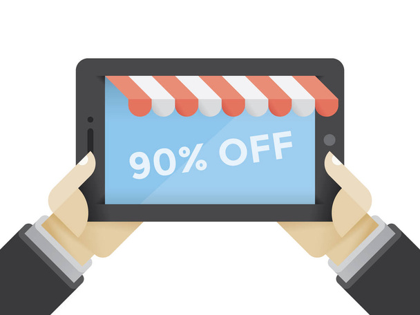 Μαύρη Παρασκευή Online shop σε υπολογιστή tablet στα χέρια επιχειρηματία με κείμενο 90% Off. Έννοια - κατάστημα πωλήσεων και εκπτώσεις, ψώνια το Σαββατοκύριακο, ο καταναλωτισμός, επιχείρηση λιανικής πώλησης κλπ. - Διάνυσμα, εικόνα