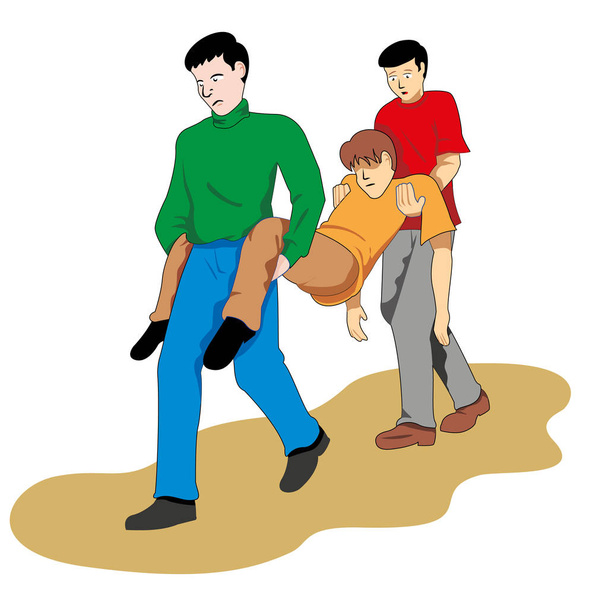 First aid two people carrying fainted person. Ideal for catalogs, informational and medical guides and training - Διάνυσμα, εικόνα