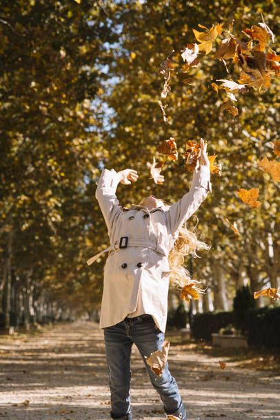little girl with autumn leaves - Фото, изображение