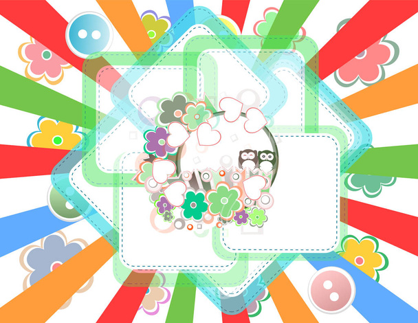 Background with owl and flowers. invitation card . Birthday invitation card with cute cartoon animal - 写真・画像