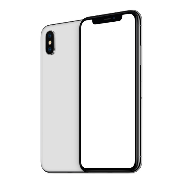 Blanco girado Smartphones maqueta similar a iPhone X frontal y trasero uno detrás del otro aislado sobre fondo blanco
 - Foto, imagen