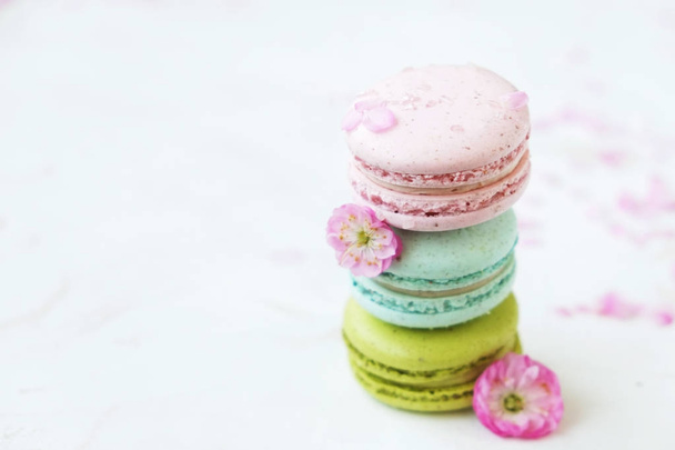 Macaron or macaroon french coockie on white textured background with spring lila flowers, pastel colors.  - Foto, imagen