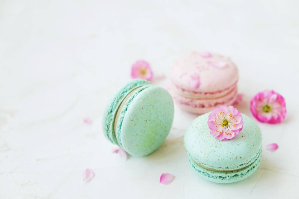 Macaron or macaroon french coockie on white textured background with spring lila flowers, pastel colors.  - Photo, Image