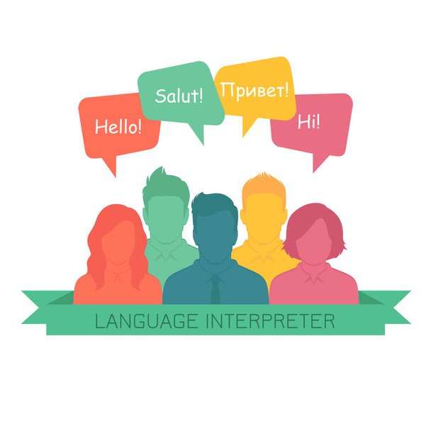 διερμηνέα με συννεφάκια ομιλίας σε διαφορετικές γλώσσες - Διάνυσμα, εικόνα