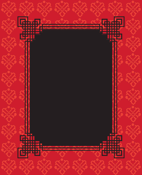 Chinese Happy New Year greeting card decoration, border, traditional ornamental pattern, black and red color background with floral geometric ornament, gold  luxury frame on red background. Luxury Christmas decoration. Spring, Winter Holiday vector - Vector, Image
